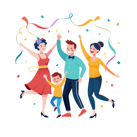 Illustration d'une famille heureuse avec des confetti